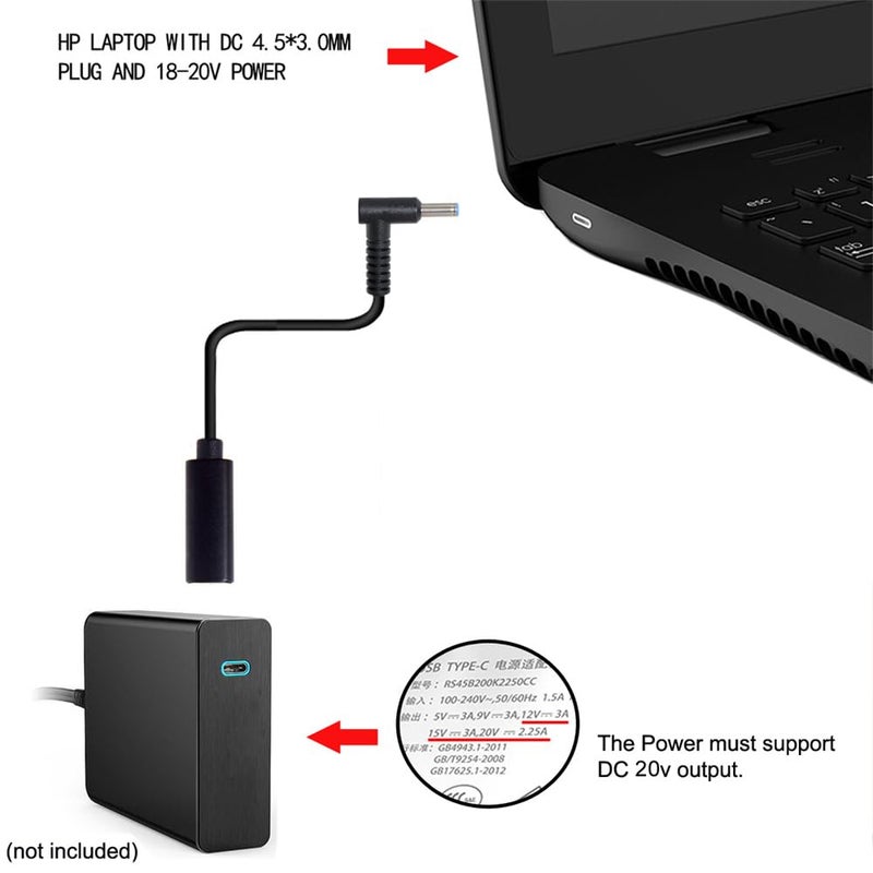 JSER Type C USB-C Female Input to DC 4.5x3.0mm Power PD DC 20V 65W Charge Cable fit Compatible for Laptop 18-20V (4.5x3.0mm) - Image 2